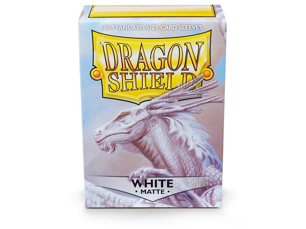 Dragon Shield Matte White sleeves fit 63 by 88 mm cards for snug protection