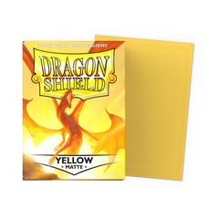 Dragon Shield standard-size yellow matte sleeves hug standard cards with a tight fit (close-up).