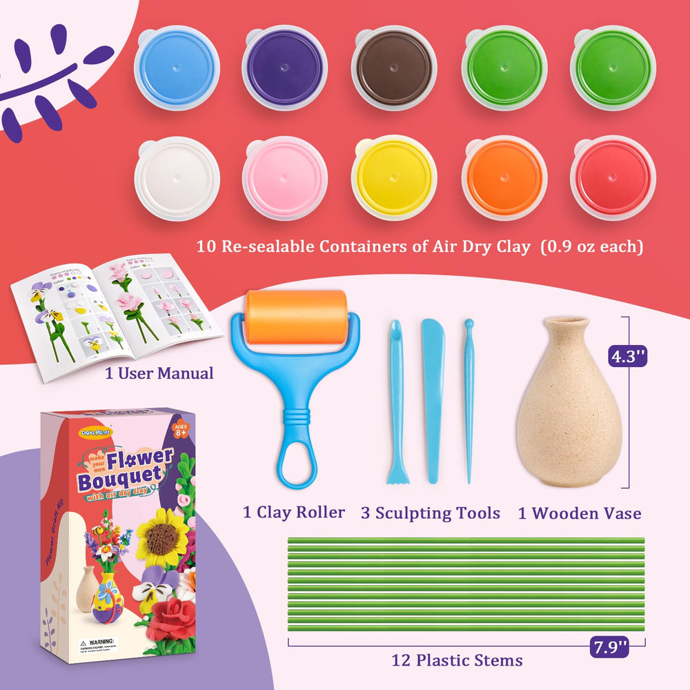 Air-dry clay flowers created with Drama Planet kit, no kiln required for quick, mess-free crafting.
