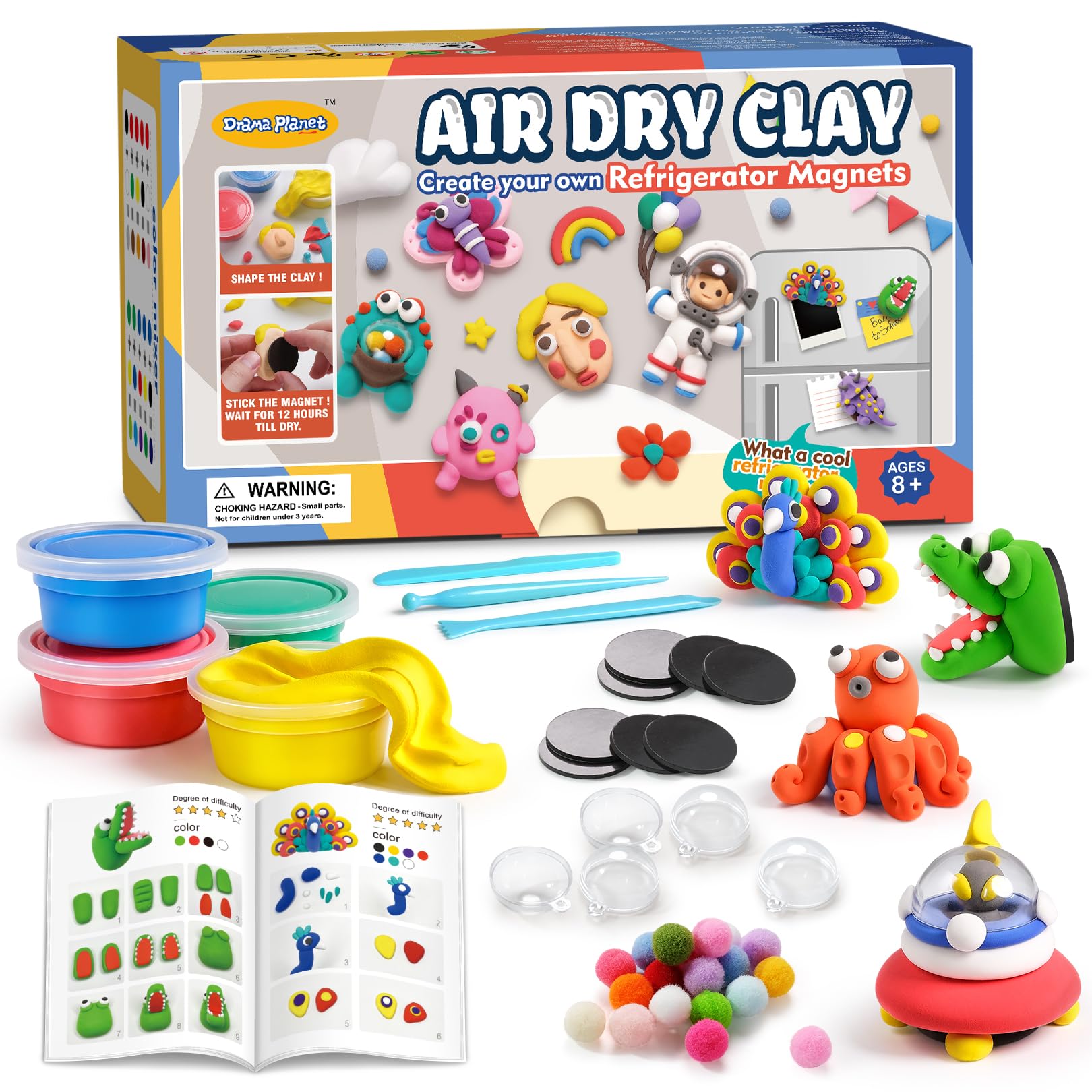 Drama Planet air dry clay kit for kids with color packs and resealable containers for mess-free storage.