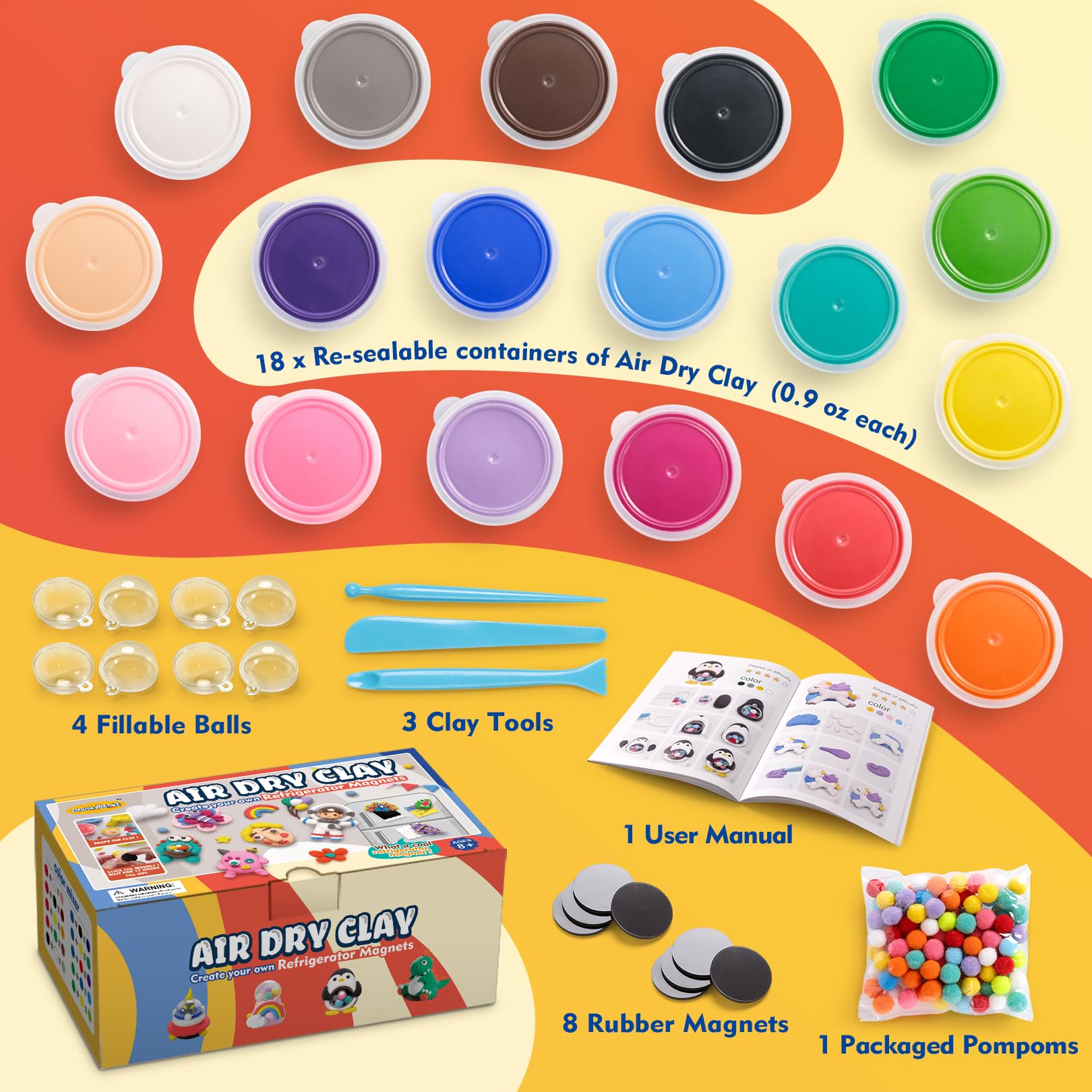 Drama Planet clay magnets for refrigerator art showcase for kids' creativity with non-toxic, safe materials.