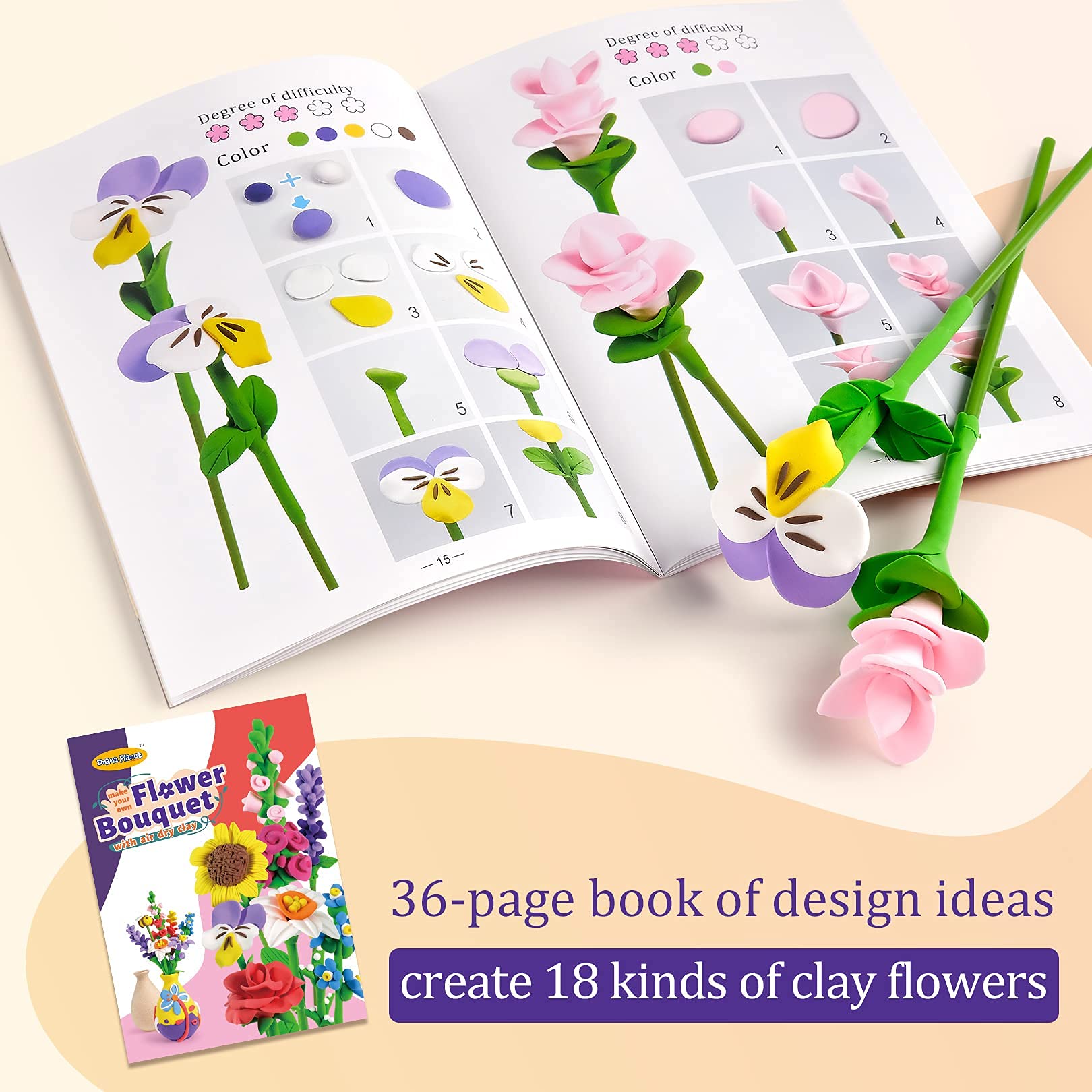 36-page full-color idea book accompanies the kit for 18 flower designs.