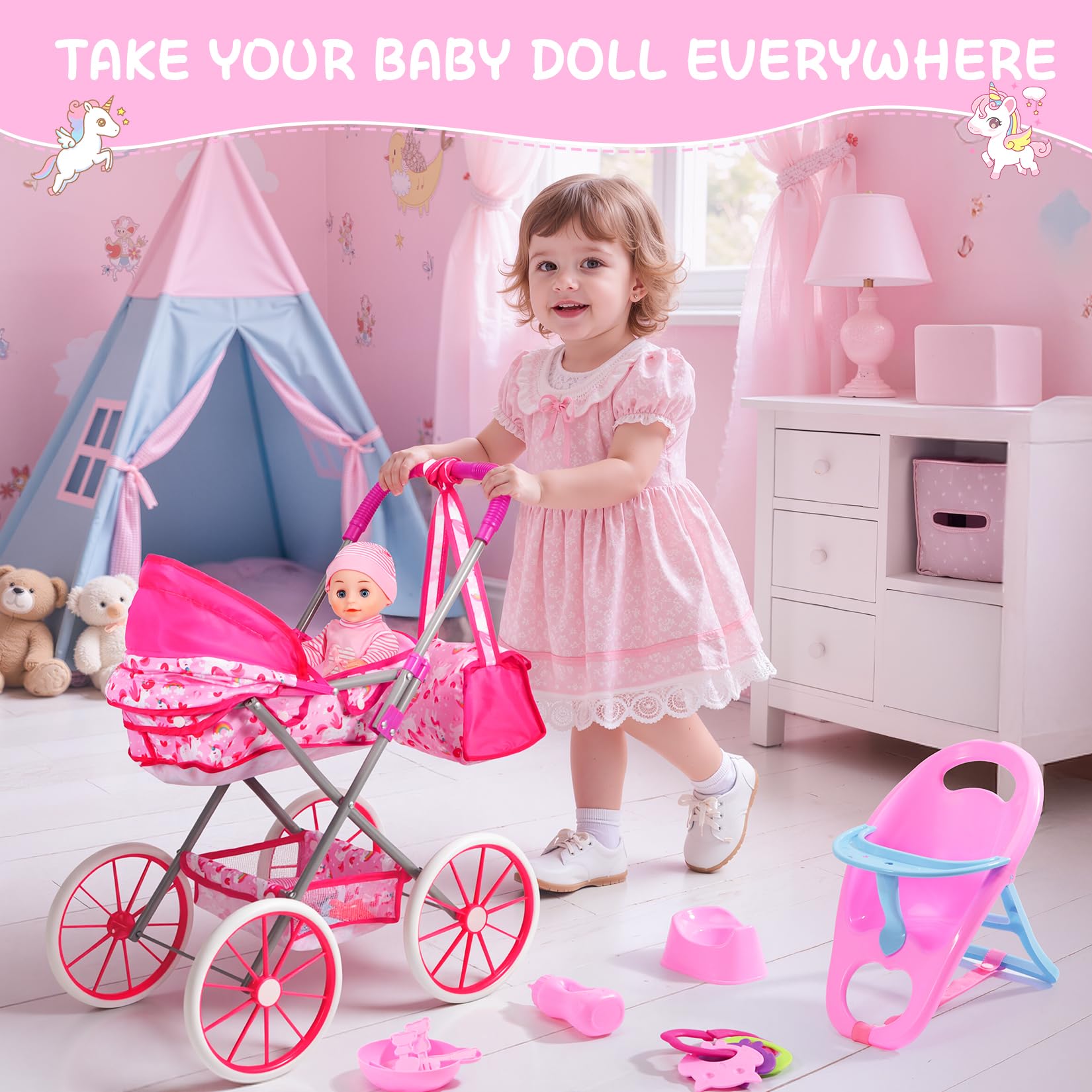 DRAMATION 11-inch baby doll in stroller ready for pretend caregiving.