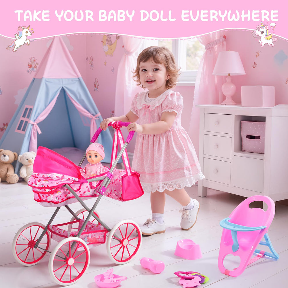DRAMATION 11-inch baby doll in stroller ready for pretend caregiving.