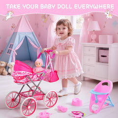 DRAMATION 11-inch baby doll in stroller ready for pretend caregiving.