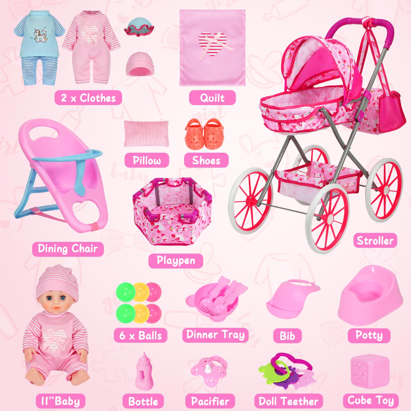 DRAMATION 24-piece doll accessory set expands creative play options.