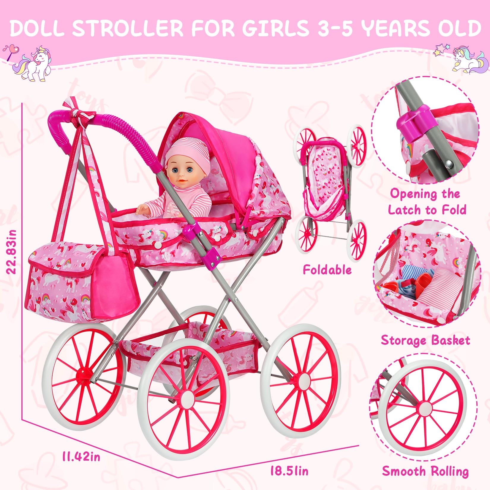DRAMATION foldable doll stroller with canopy for easy storage and smooth rides.
