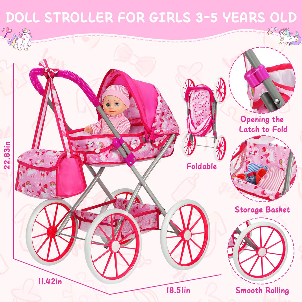 DRAMATION foldable doll stroller with canopy for easy storage and smooth rides.
