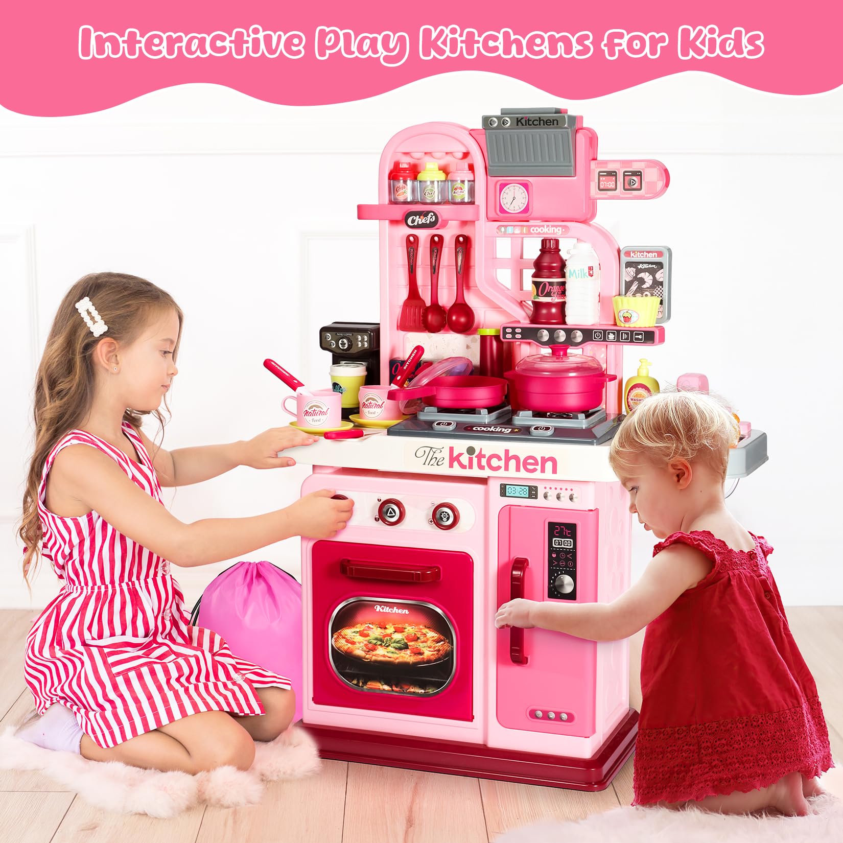 DRAMATION pink kids kitchen fridge stores pretend food for organized play