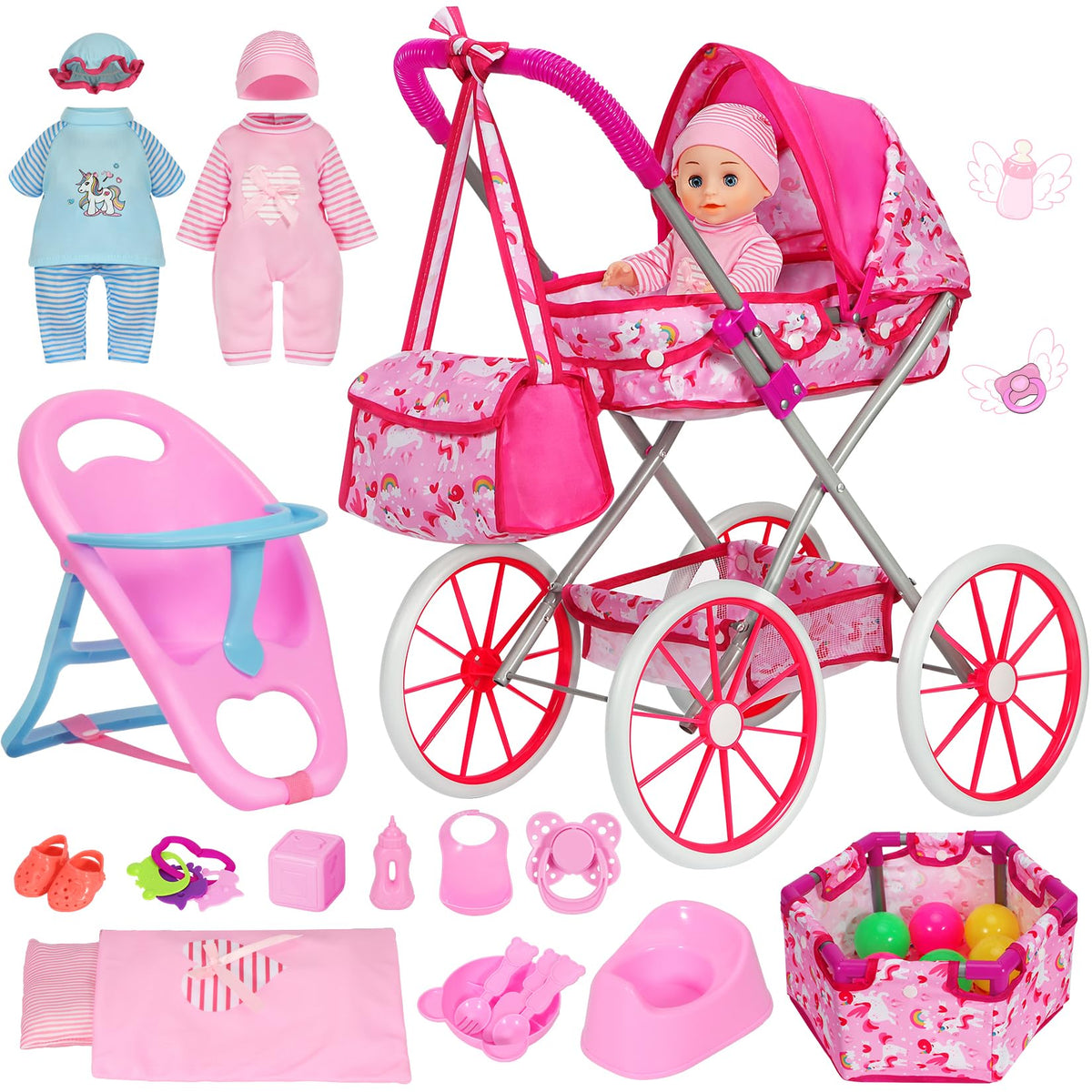 DRAMATION unicorn baby doll stroller assembled for imaginative play adventures.
