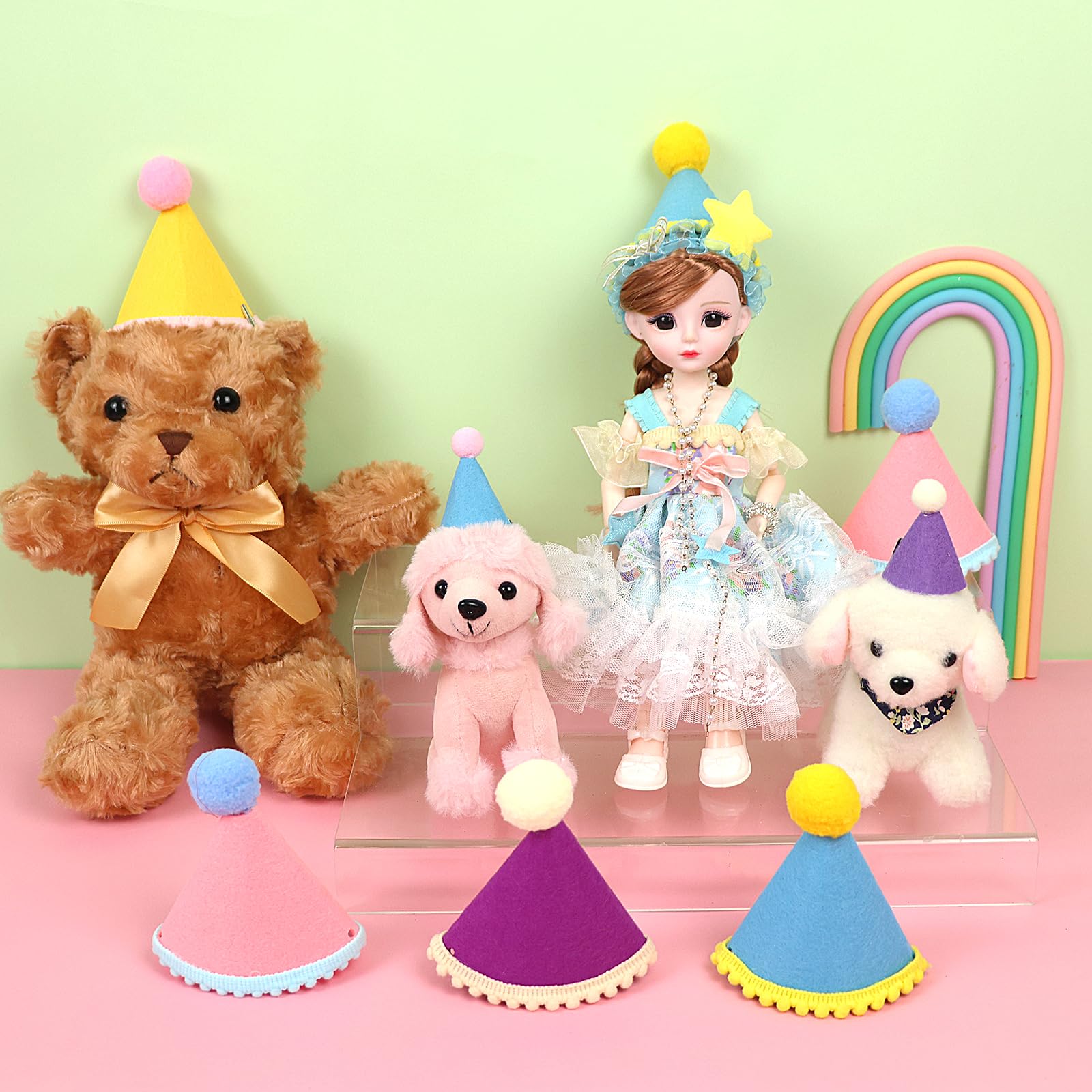 DRANSMIC adjustable elastic hats stay securely on dolls and pets during celebrations.