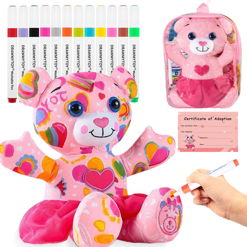 DRAWMYTOY pink bear coloring plush toy ready for doodling fun and creativity
