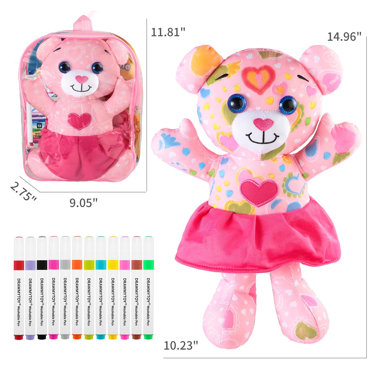 DRAWMYTOY pink bear with drawn designs ready for personalization