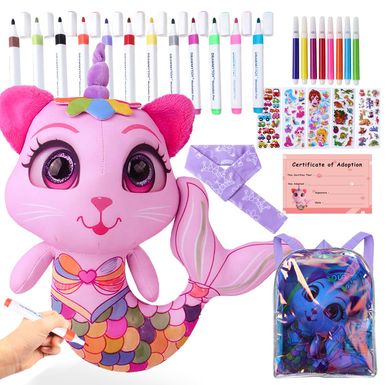 DRAWMYTOY pink cat mermaid stuffed toy ready for coloring adventures for kids.