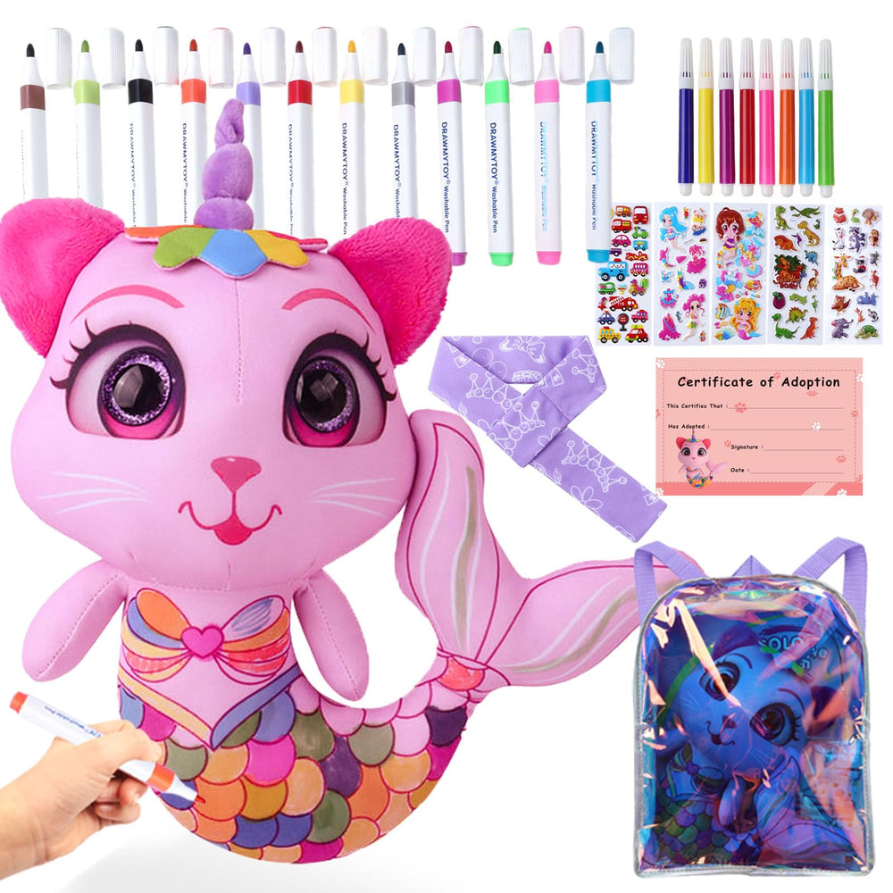 DRAWMYTOY pink cat mermaid stuffed toy ready for coloring adventures for kids.
