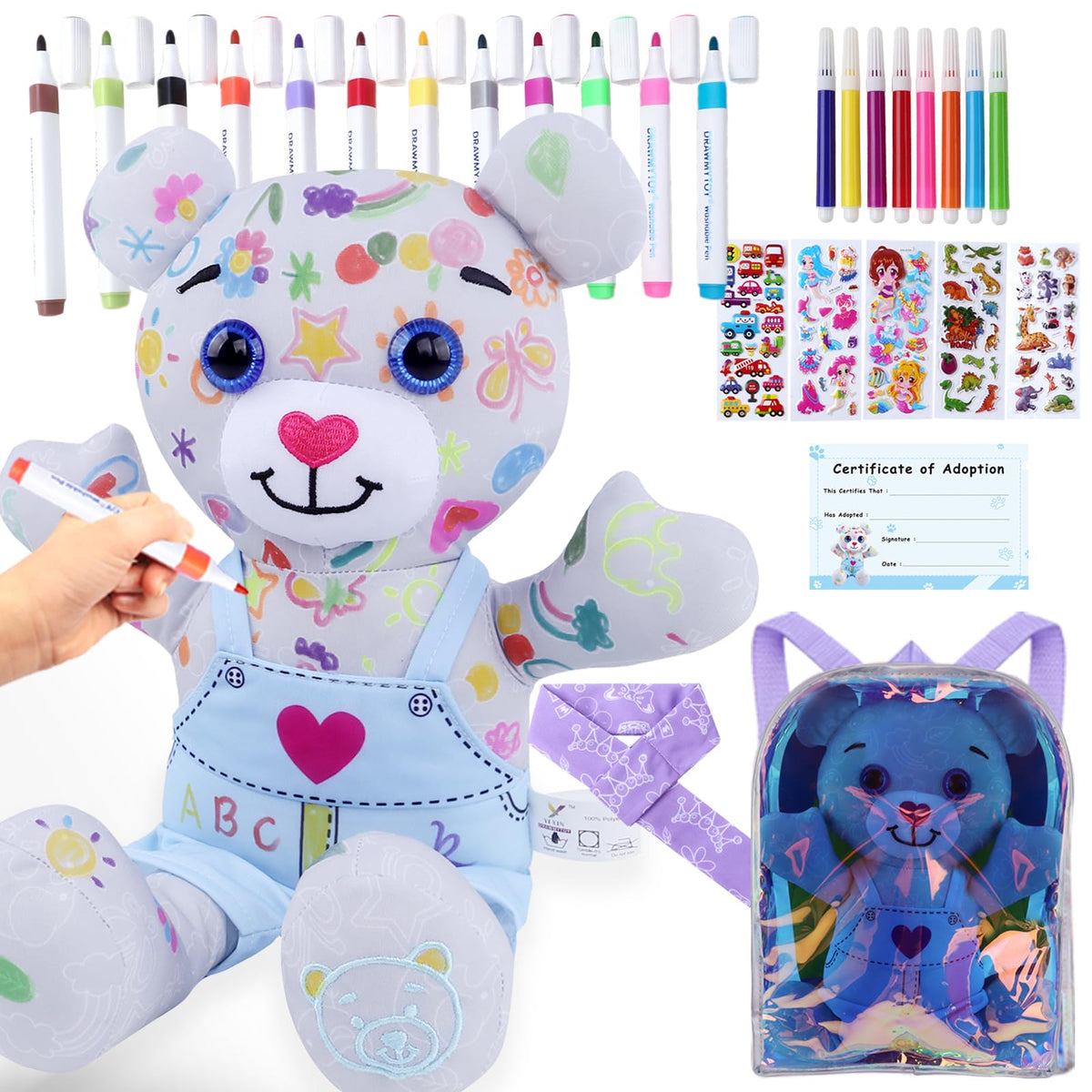 DRAWMYTOY blue bear plush ready for coloring and creativity