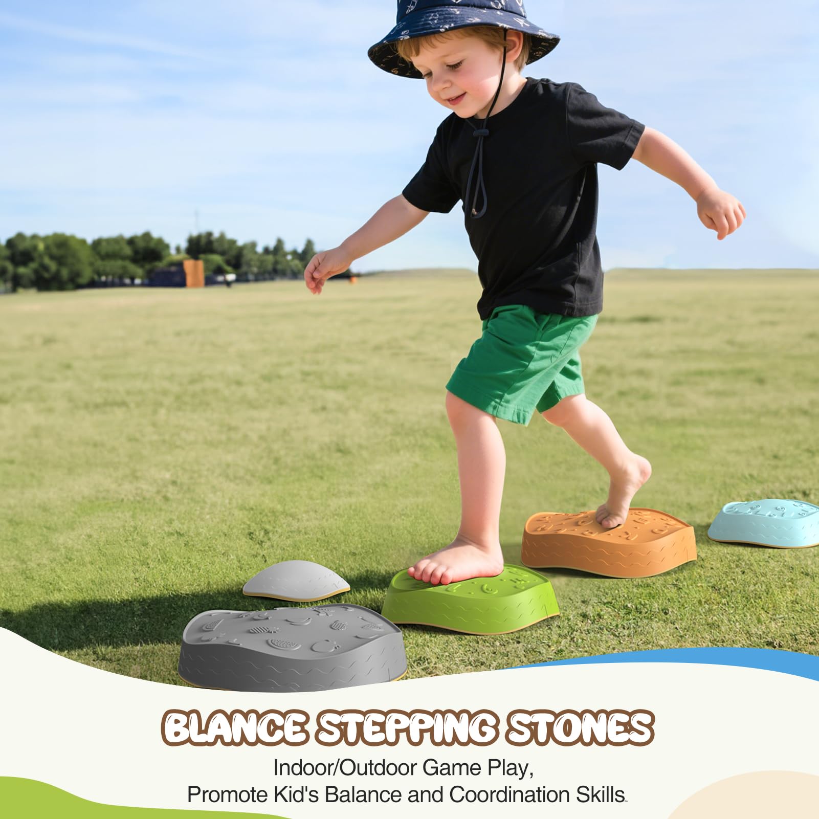Dream Building stepping stones non-slip base close-up demonstrates stability for safe hopping and obstacle courses