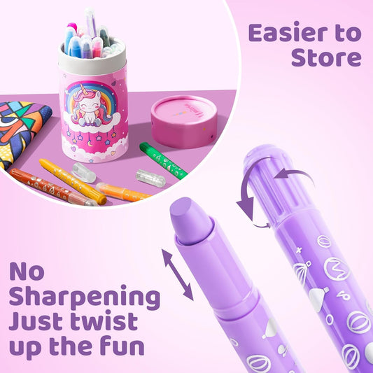 DreamCandy Twist Crayons with unicorn holder keeps art supplies organized