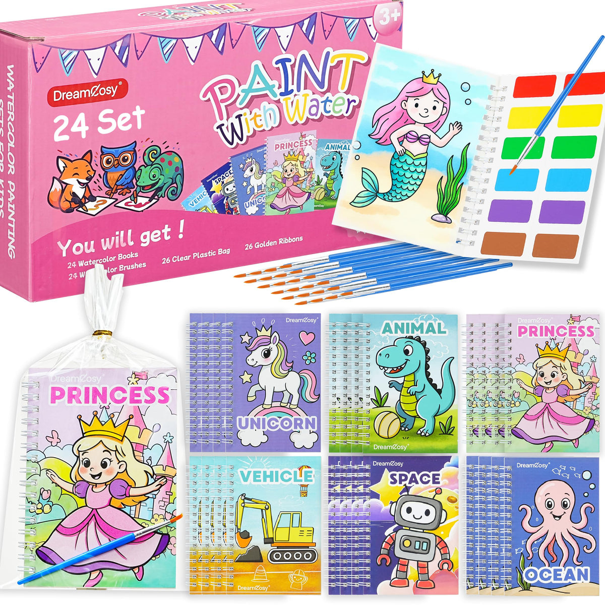 DreamCosy 24-pack mini watercolor books front view, ideal for group activities and travel.