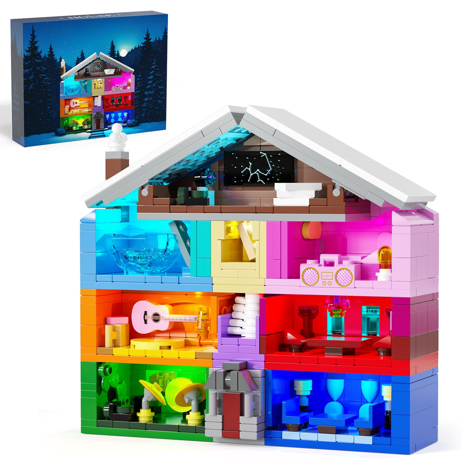 DreamCreators house with LED lighting and colorful instructions for vivid assembly.