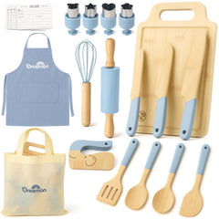 Dreamon 29-pcs wooden kids cooking set packaging, a complete starter kit for budding chefs at home.