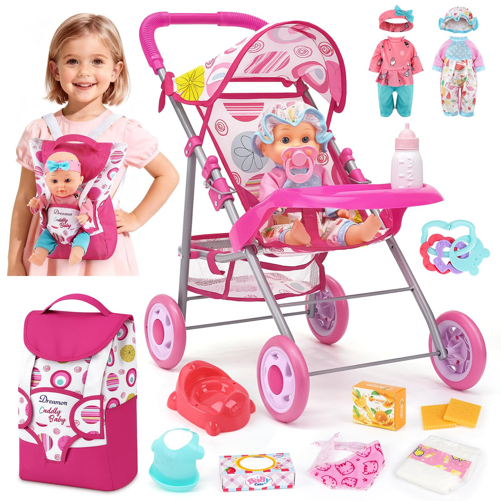 Dreamon baby doll stroller set demonstrates easy-assembly stroller for imagined outings.