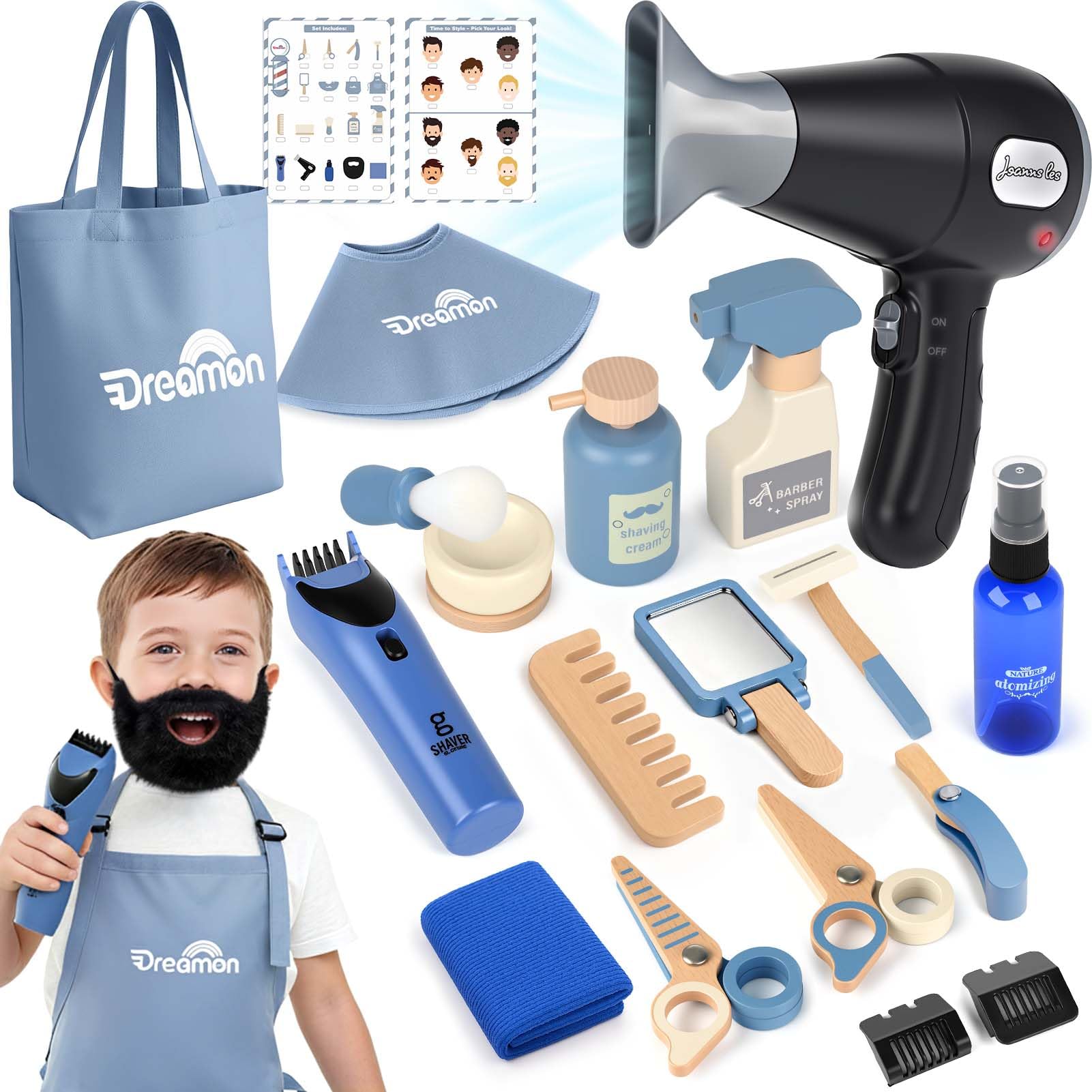 Dreamon Barber Shop Playset wearable beard for realistic pretend grooming.