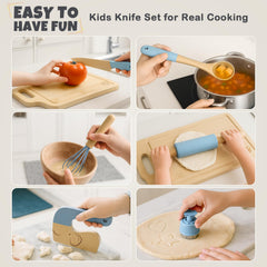 Dreamon child-safe knife design close-up, ergonomic handles fit small hands for confident meal prep.