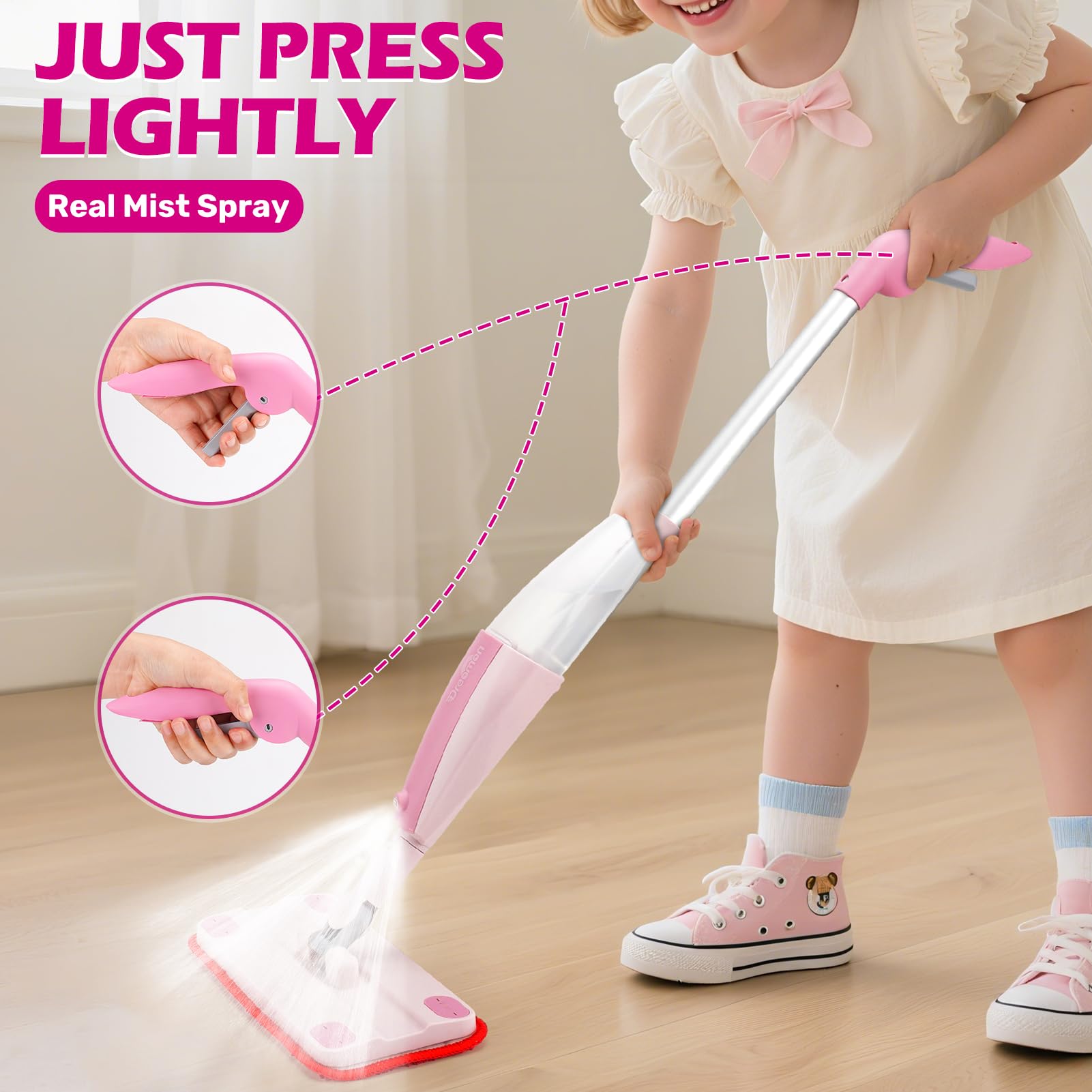 Dreamon Kids Spray Mop uses a snap-on design for quick, tool-free assembly.