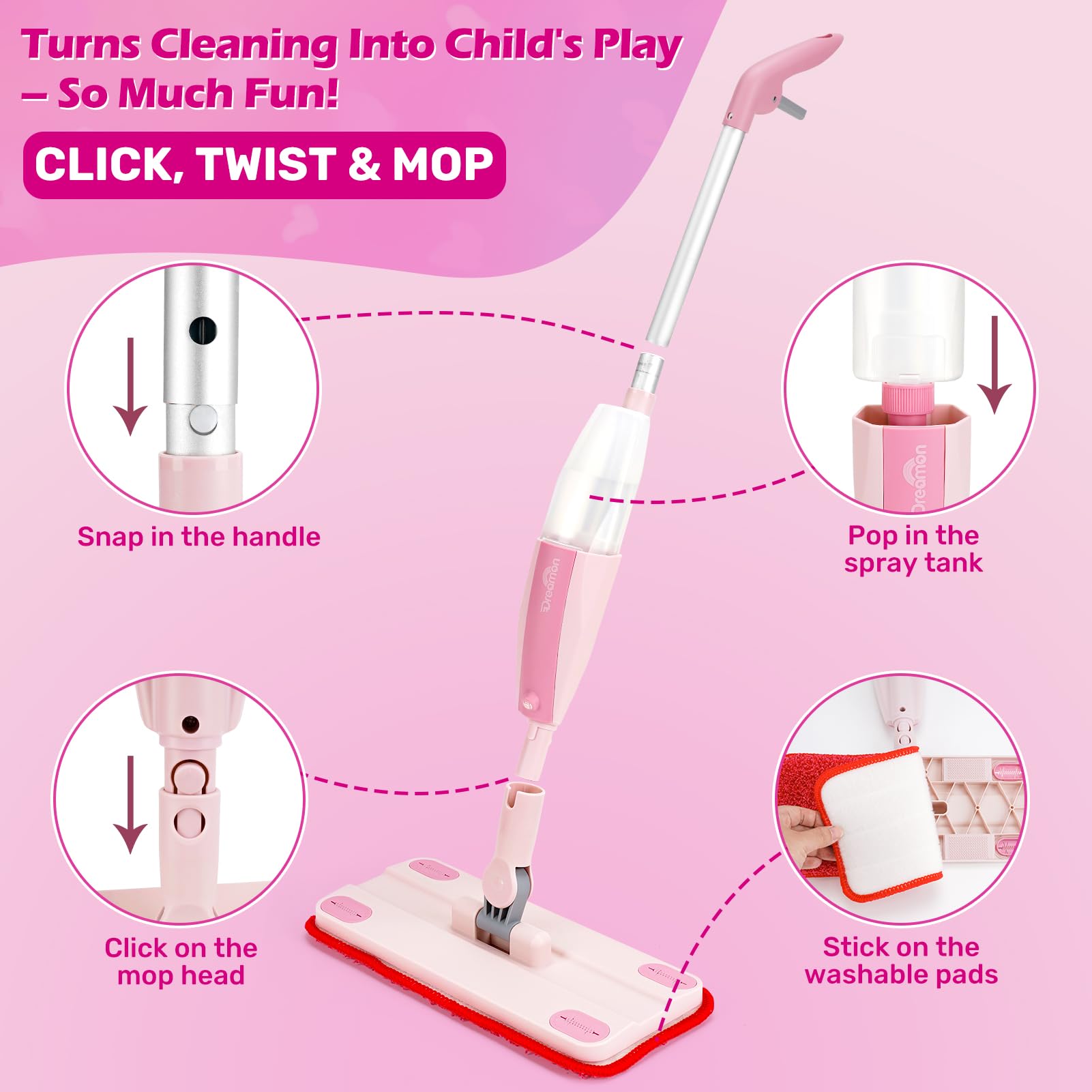 Dreamon Kids Spray Mop features a toddler-friendly design for safe, easy grip.