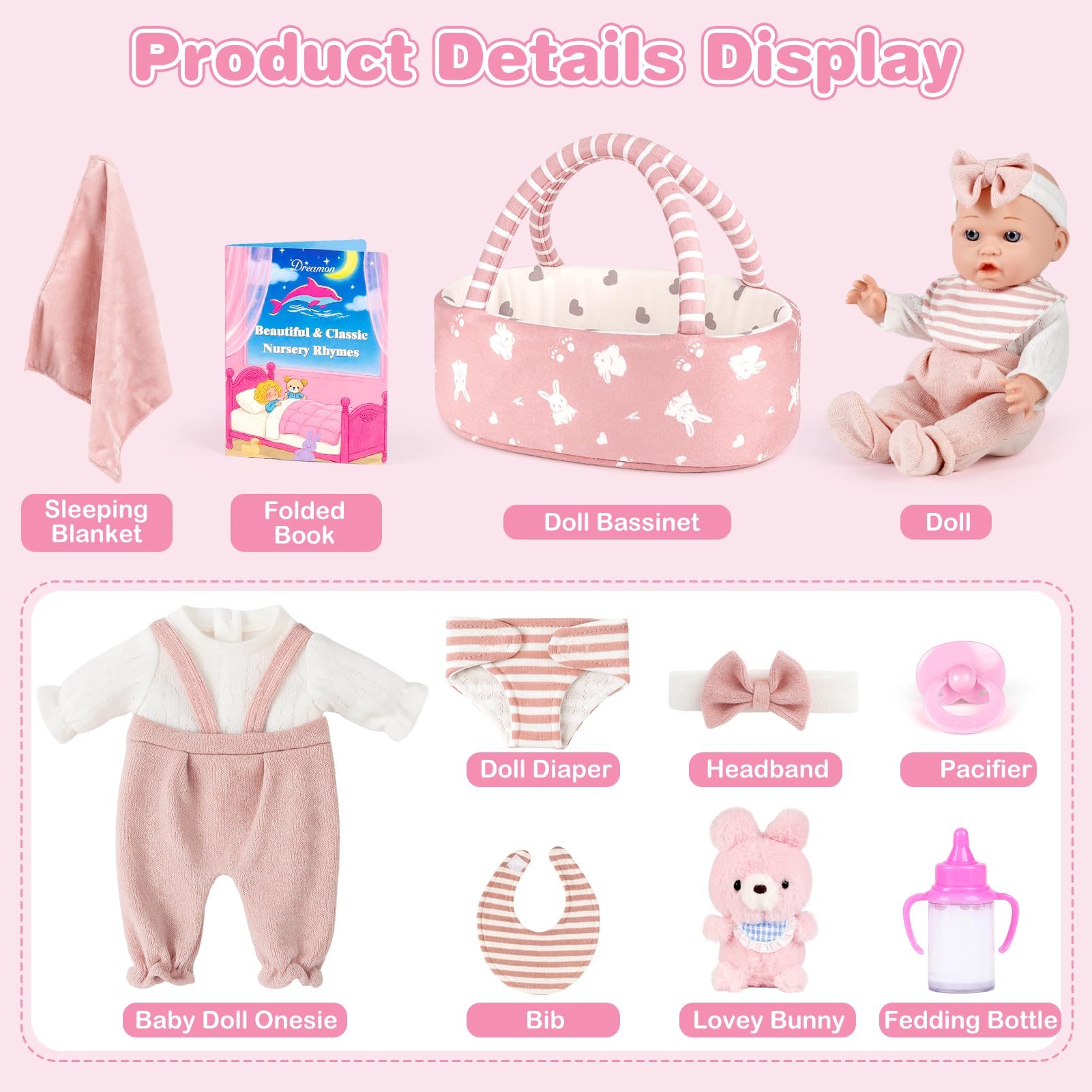 Dreamon pink bunny bassinet in soft fabric for cozy doll naps and transport