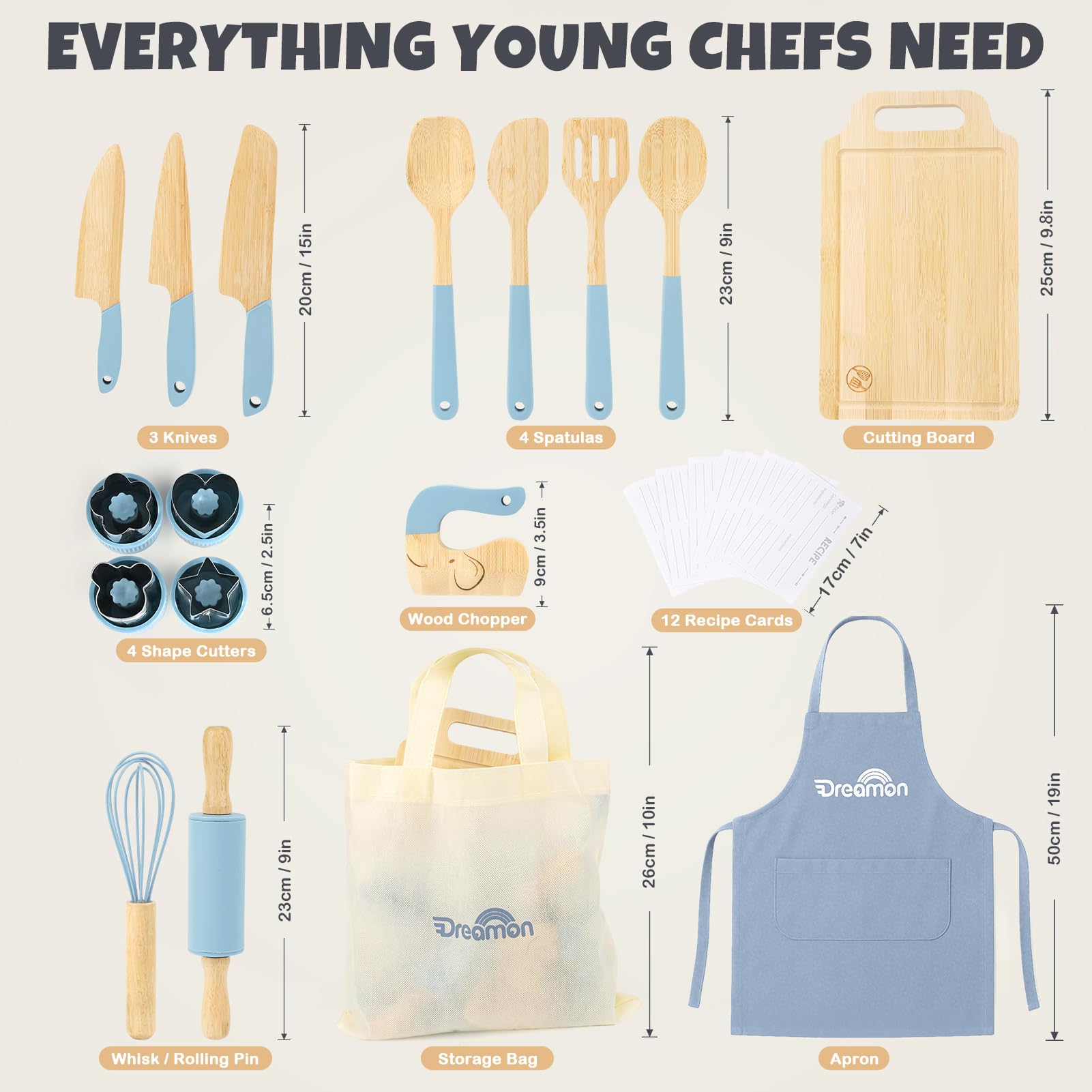 Dreamon real cutting board and knives, durable wood surface for pretend play that mirrors real cooking.