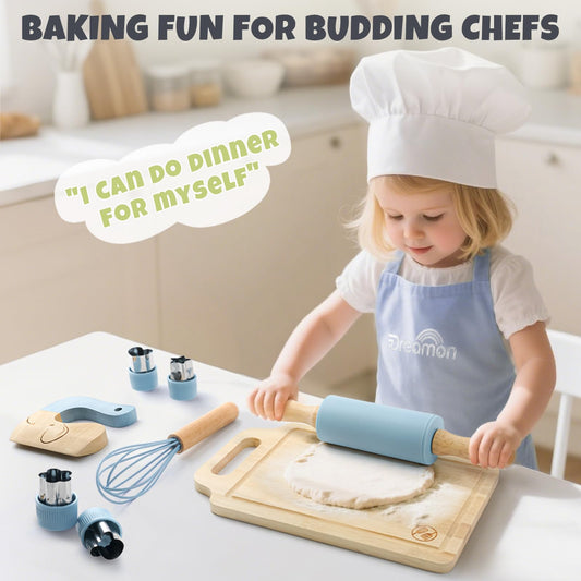 Dreamon wooden kids cooking set knives image, child-safe tools promote safe cutting practice at home.