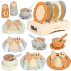 Dreamon wooden play dishes 27-piece set inspires imaginative pretend meals