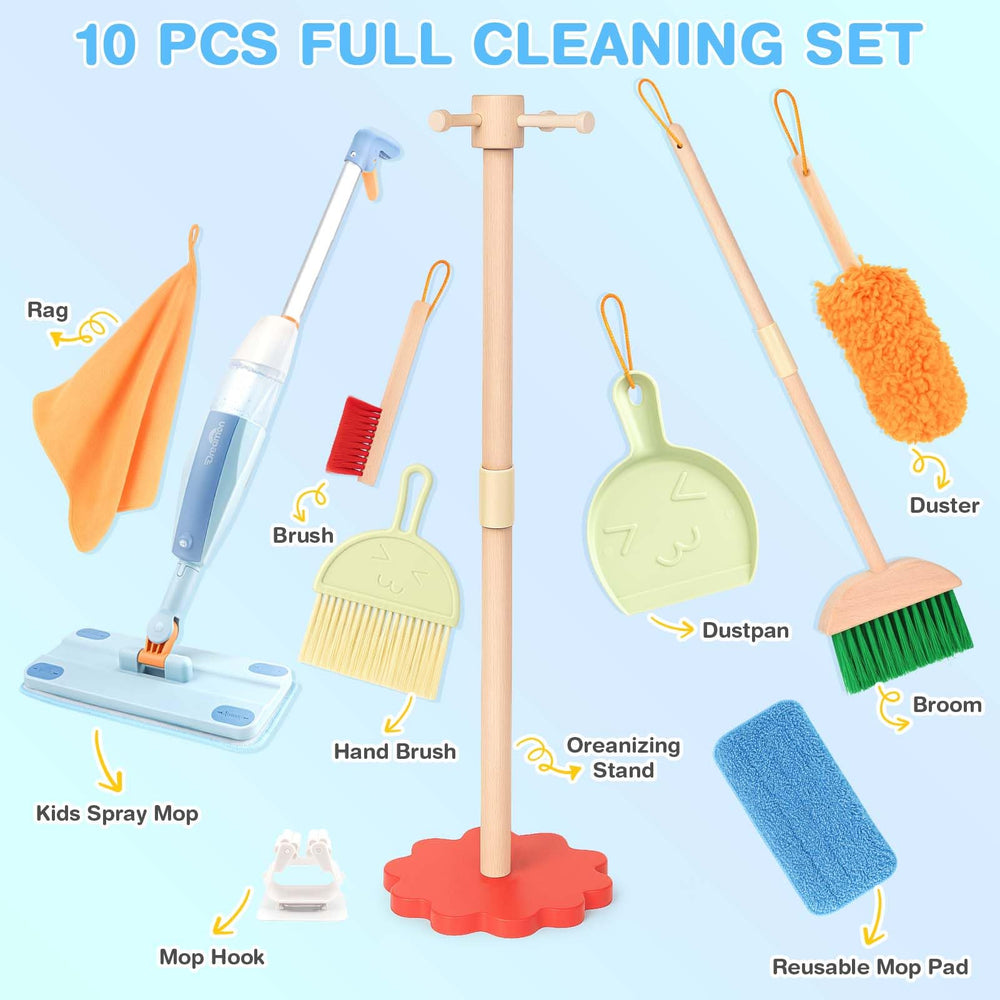 Dreamon wooden toddler cleaning set shows broom and dustpan for kid-friendly role play.