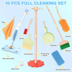 Dreamon wooden toddler cleaning set shows broom and dustpan for kid-friendly role play.