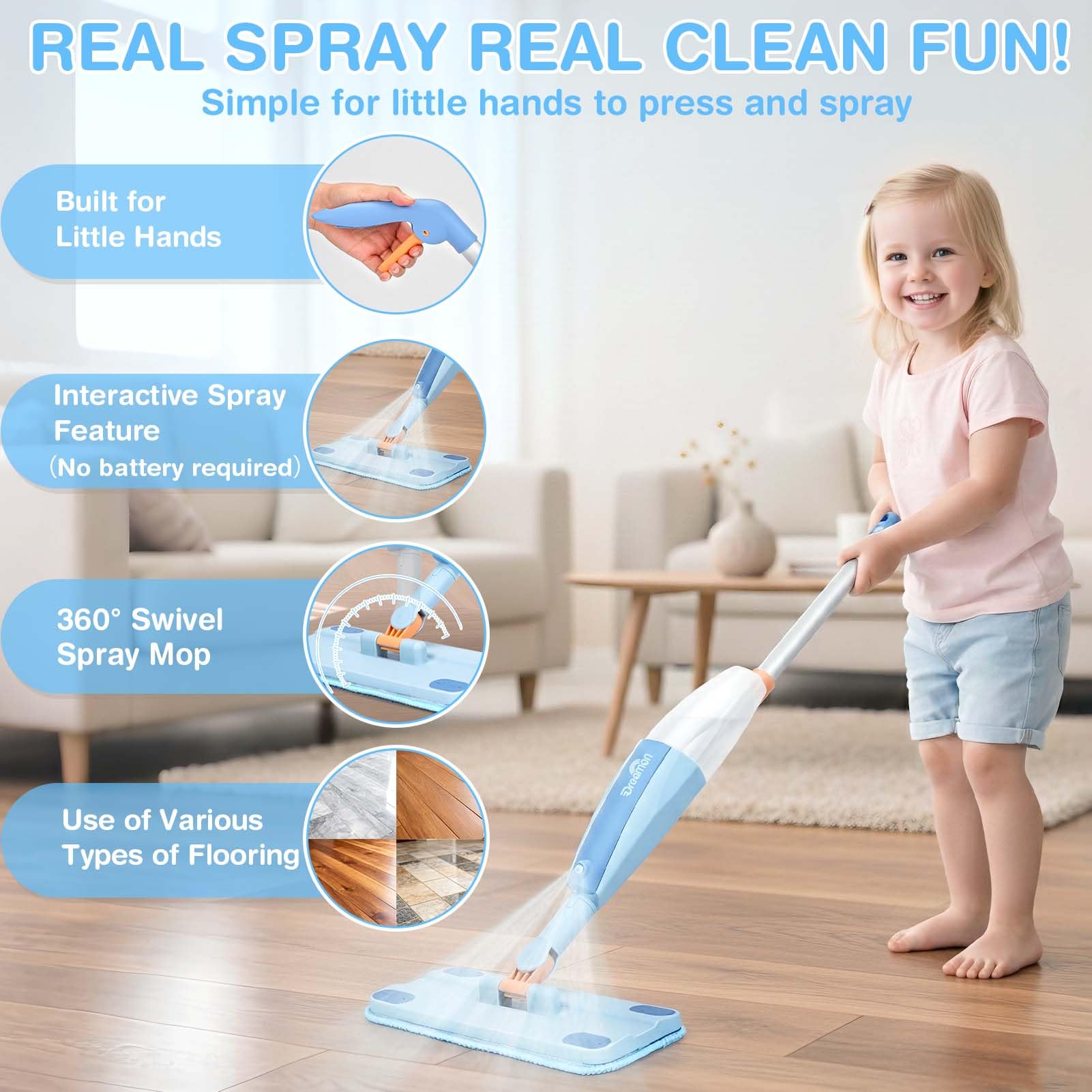 Dreamon wooden cleaning kit mop pad is machine washable for easy cleanup.