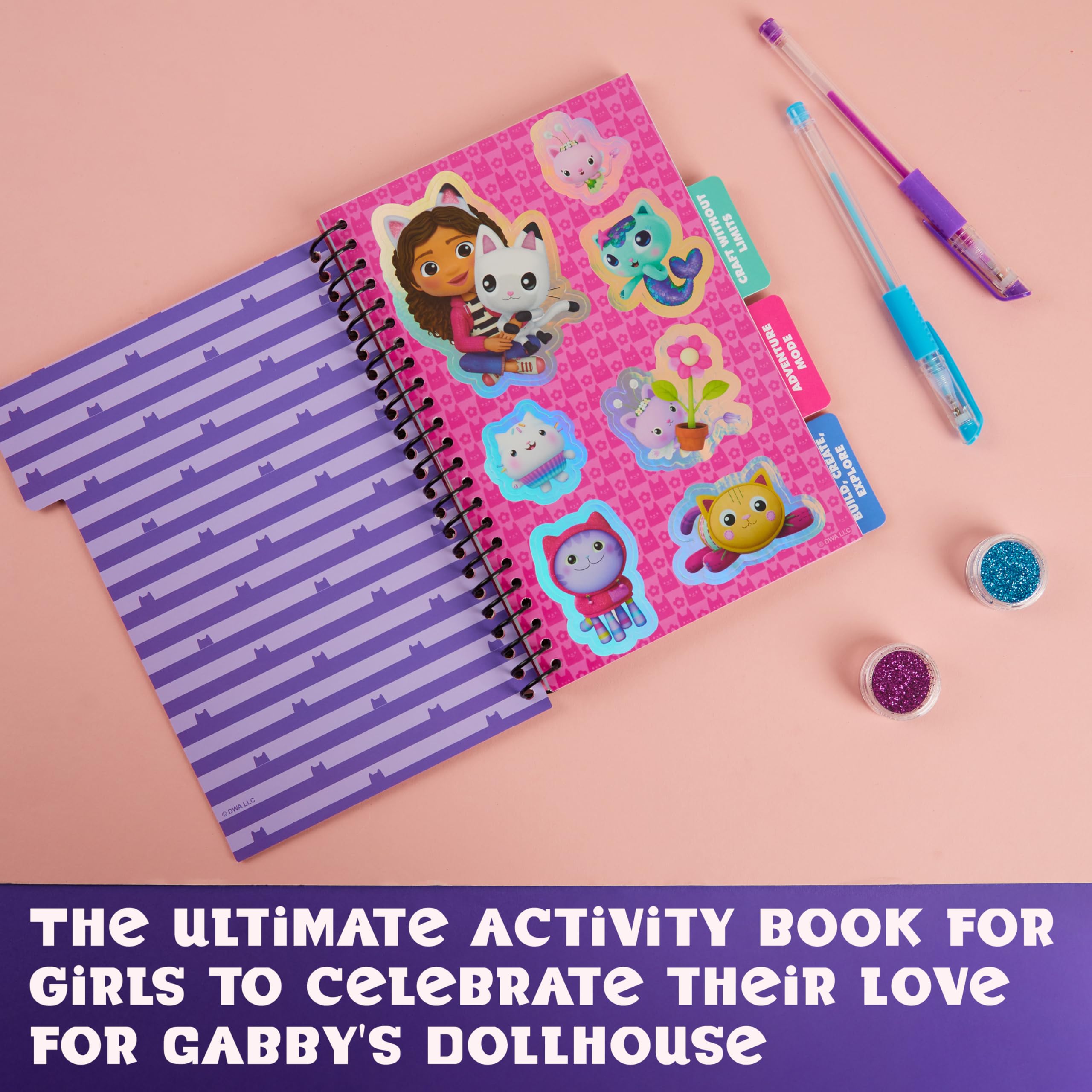 DreamWorks Gabby's Dollhouse book with 4 divider tabs helps kids organize sticker themes.