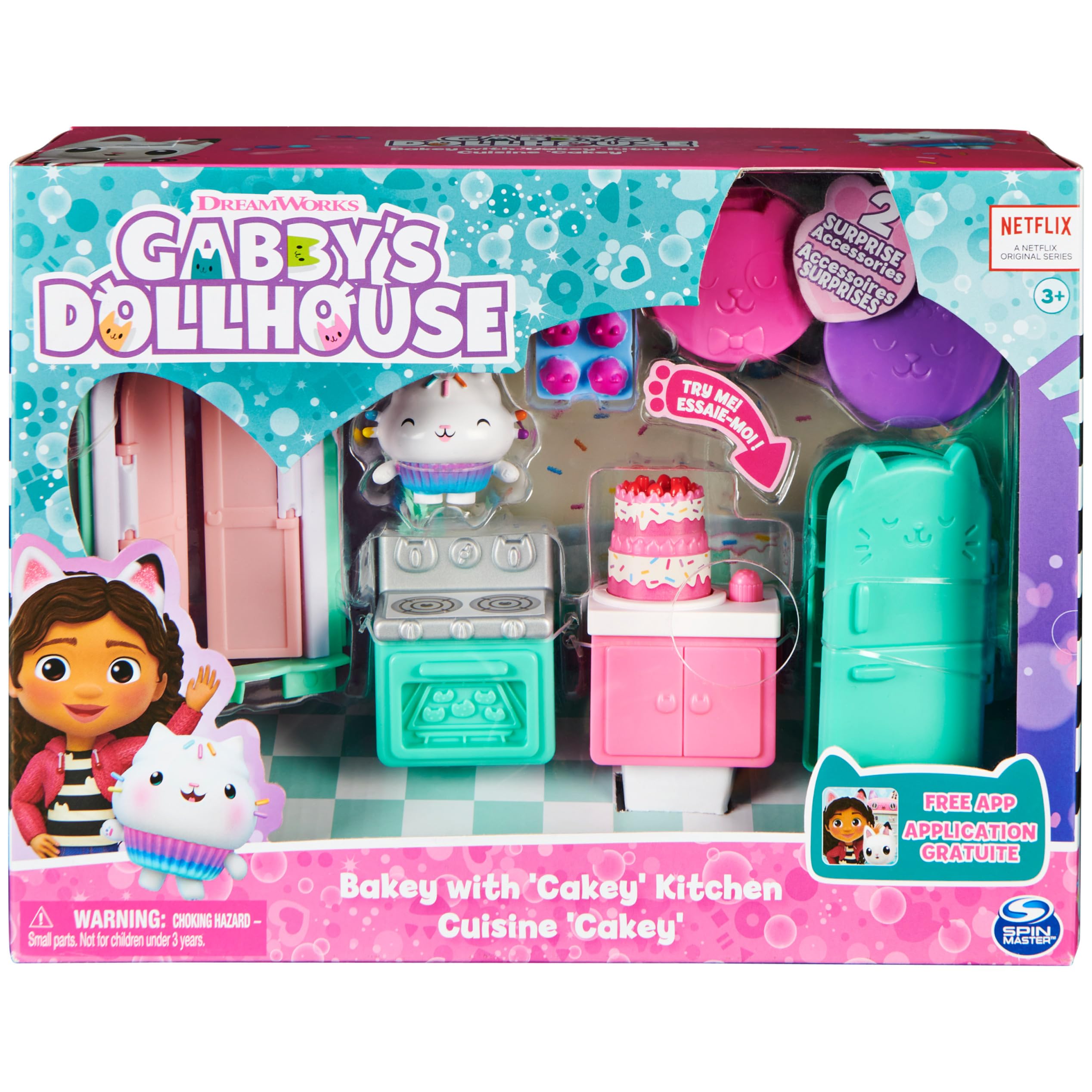 DreamWorks Gabby’s Dollhouse Bakey Kitchen oven opens for pretend baking.