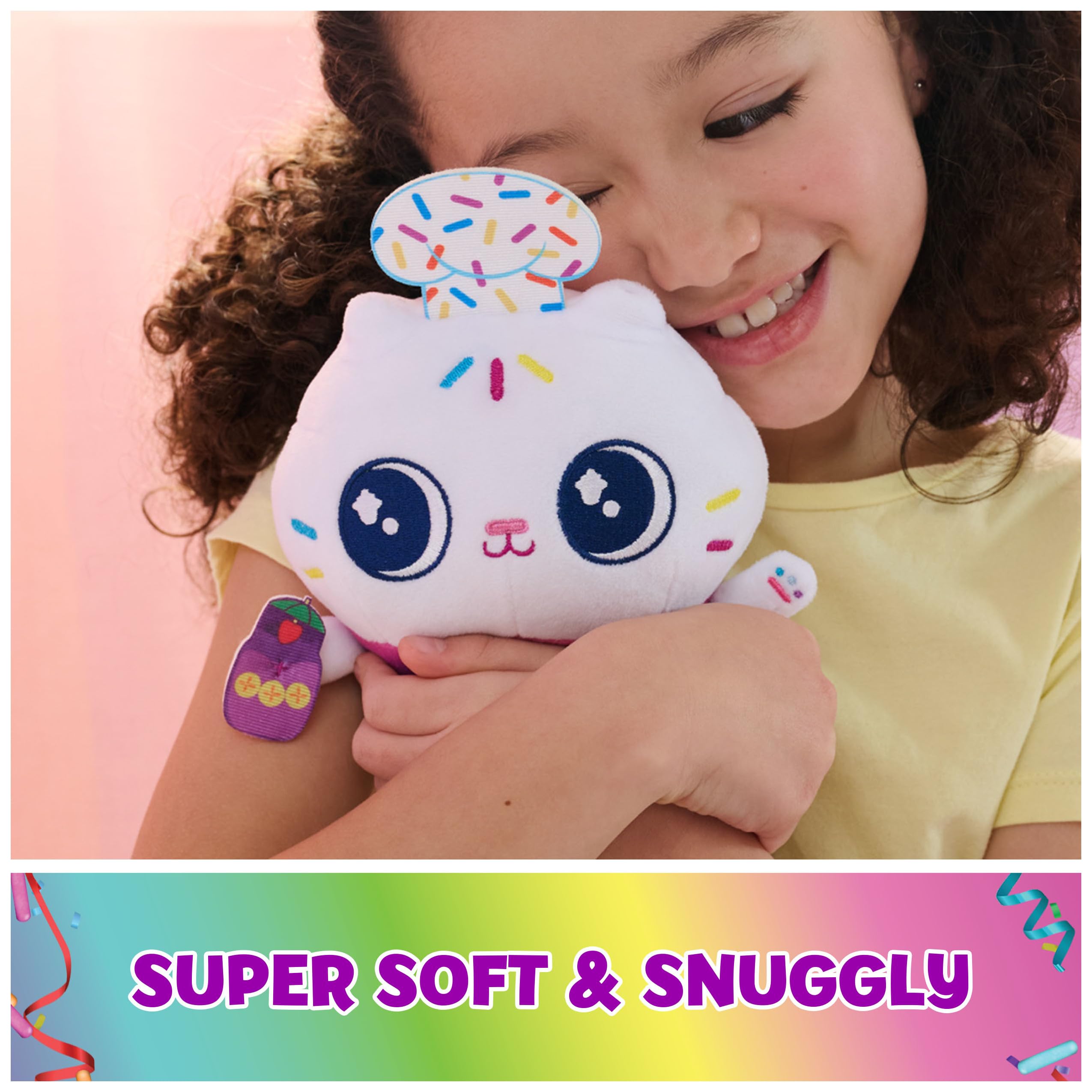 Gabby’s Dollhouse Cakey Cat plush with cupcake-eye detail, ideal for storytelling.