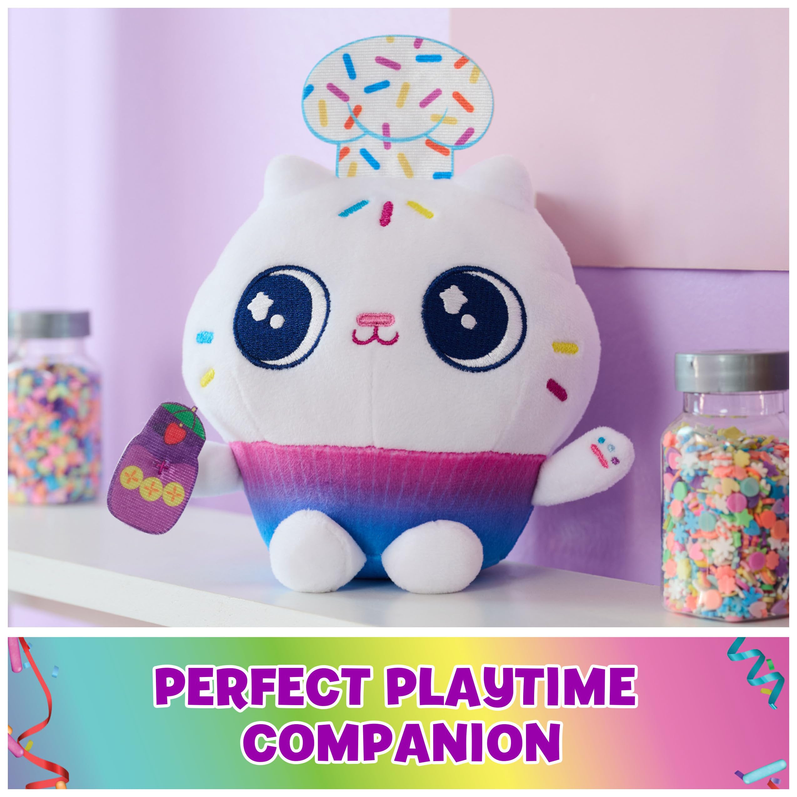 Gabby’s Dollhouse Cakey Cat plush, cuddly and portable for on-the-go play.