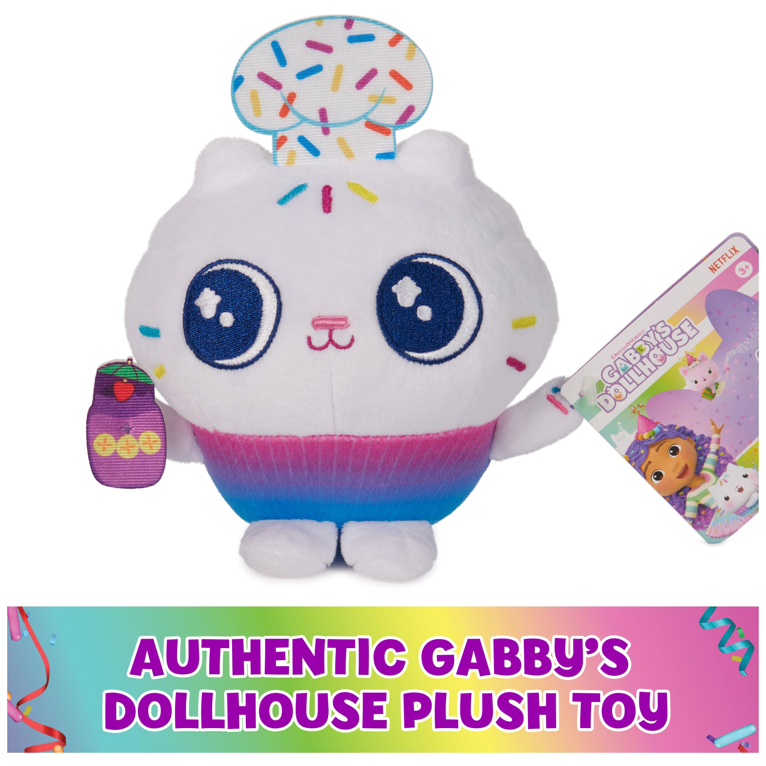 Gabby’s Dollhouse Cakey Cat plush, soft material and 6-inch size for cuddles.