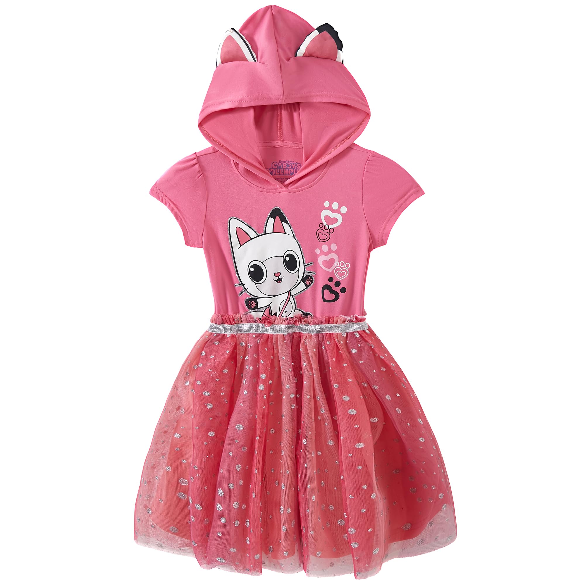 DreamWorks Gabby's Dollhouse hooded dress with ears, Pandy Paws print for imaginative play