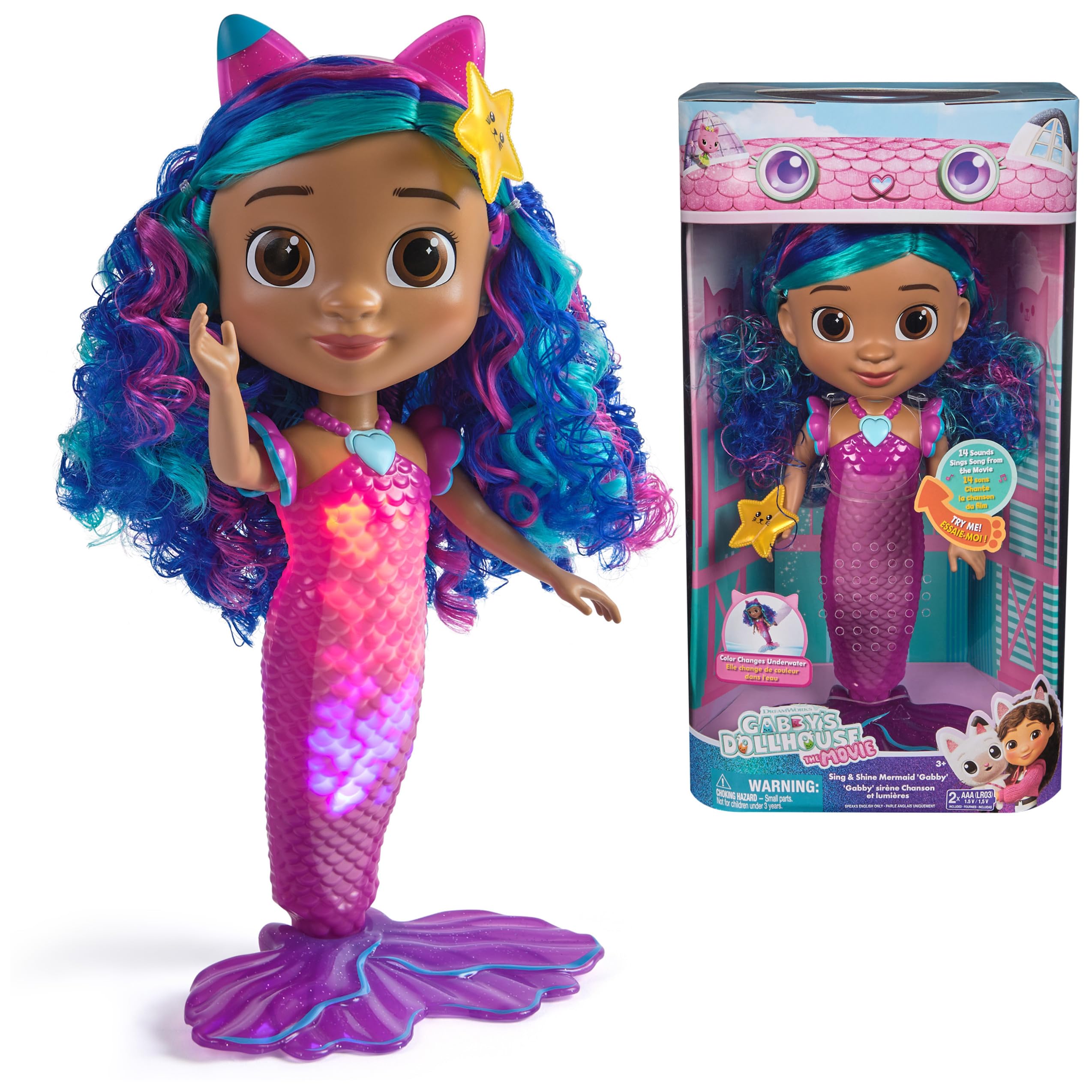DreamWorks Gabby's Dollhouse Mermaid Gabby lights up with heart necklace for interactive play.