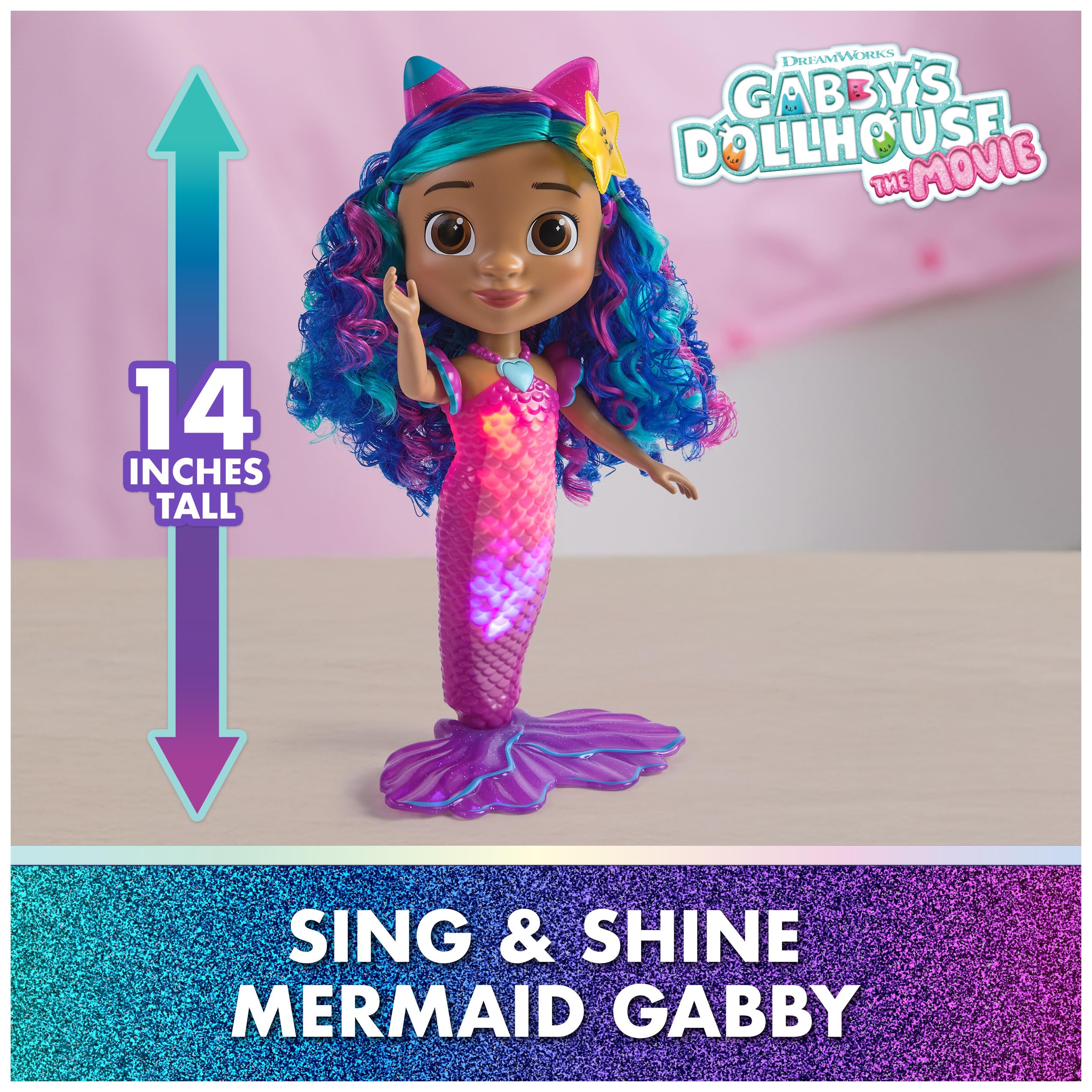 DreamWorks Gabby's Dollhouse Mermaid Gabby tail changes color in warm water for bath-time magic.
