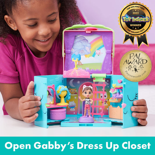 Vanity table with Gabby's Dollhouse wigs for hair styling pretend play.
