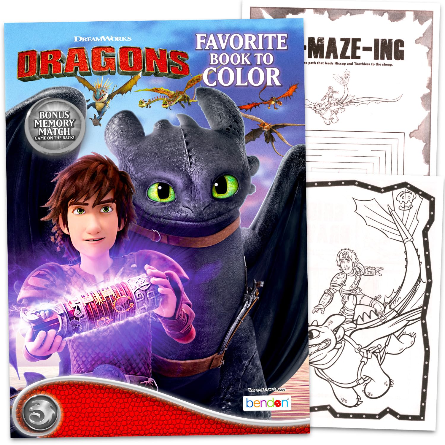 DreamWorks How to Train Your Dragon coloring pages back with bonus matching game for interactive practice.