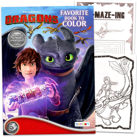 DreamWorks How to Train Your Dragon coloring pages back with bonus matching game for interactive practice.