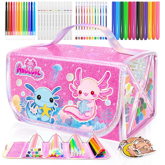 DreamyCandy Axolotl pencil case keeps markers organized for on-the-go creativity.