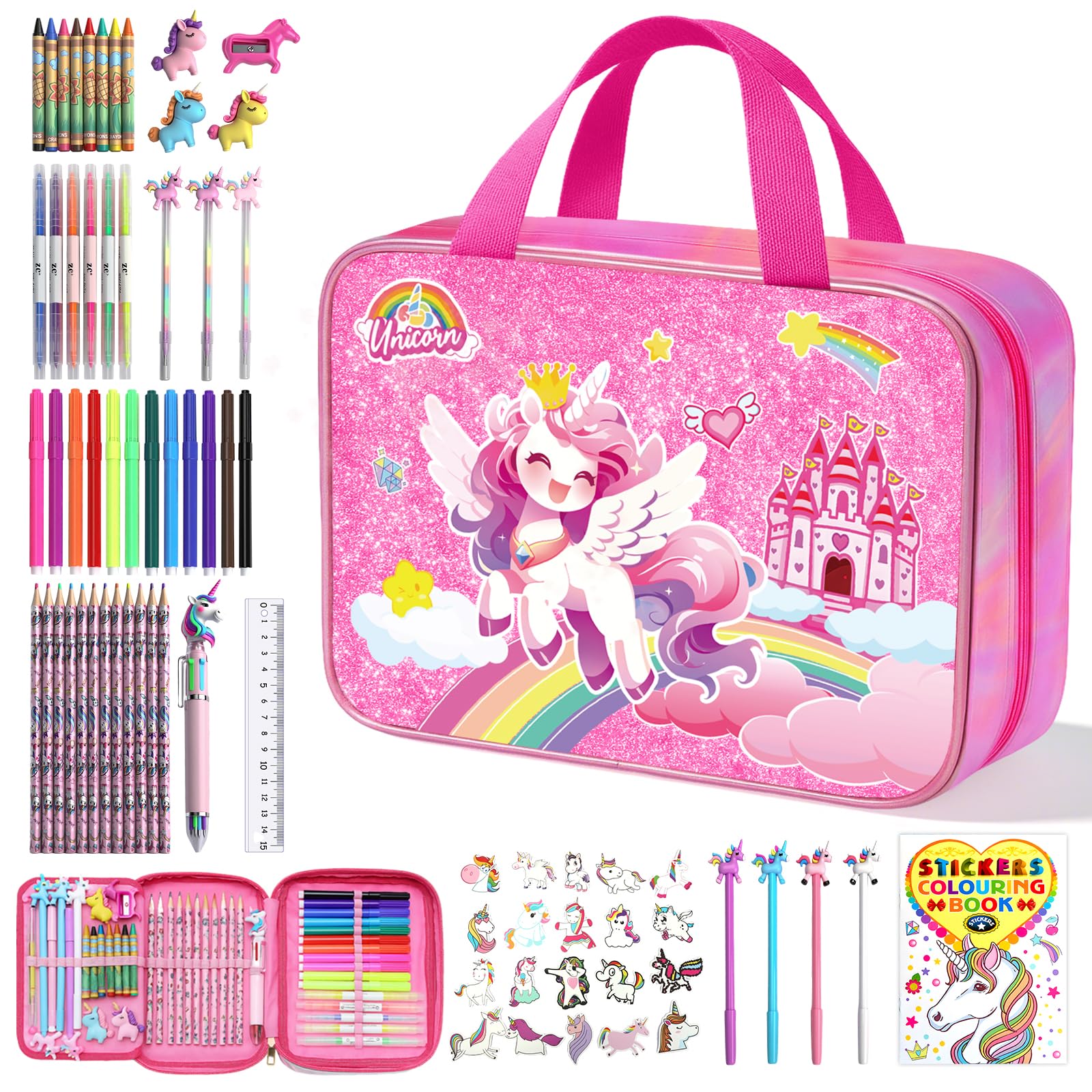 DreamyCandy unicorn washable markers set in a glitter pouch for mess-free coloring.